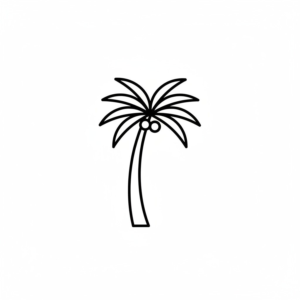 A black and white line drawing of a palm tree with two coconuts at the base of the leaves.